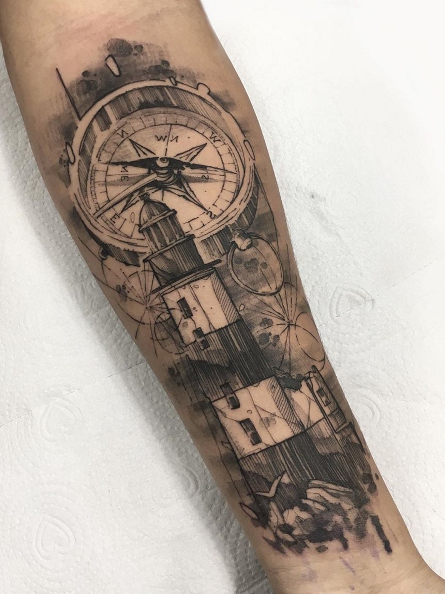 Lighthouse tattoo by Alexander Romashev  Post 13113  Tatuajes náuticos  Tatuajes para hombres en el antebrazo Ideas de tatuaje femenino