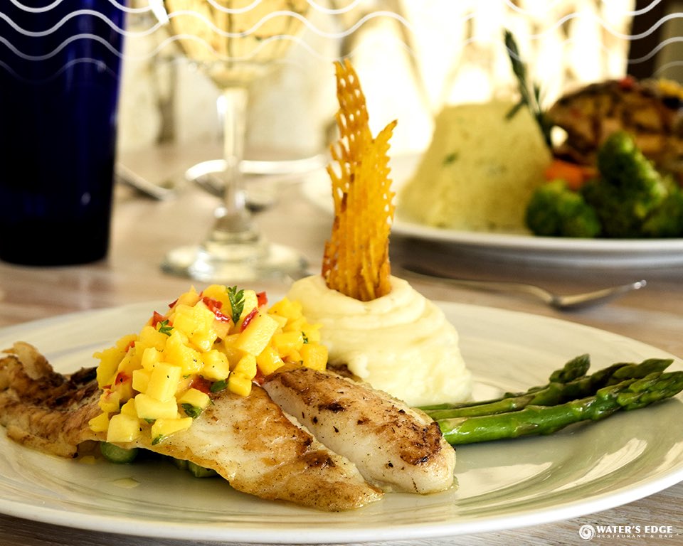A moist and tender, lightly seasoned, pan seared fillet of Grouper. Yum!! Topped with fresh Mango salsa and perfectly steamed Asparagus! 
#watersedgearuba #arubatahot #grouper #fillet #asparagus #steamed #mango #salsa #thebest #fresh #tasty #vacation #paradise #love #aruba