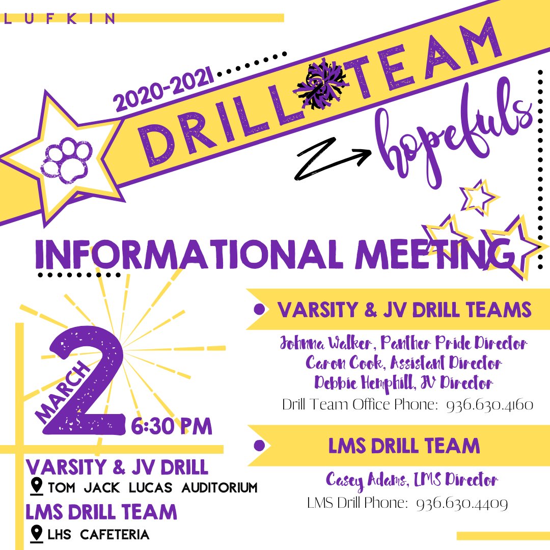 media_lhs's tweet photo. Drill team tryouts are just around the corner!  Join @johnna_walker, @cook_caron, @debbiecakes48 and Mrs. Casey Adams for an informational meeting to get all of the details!  #BelieveInLufkin @lhspantherpride https://t.co/hsIut4kROk