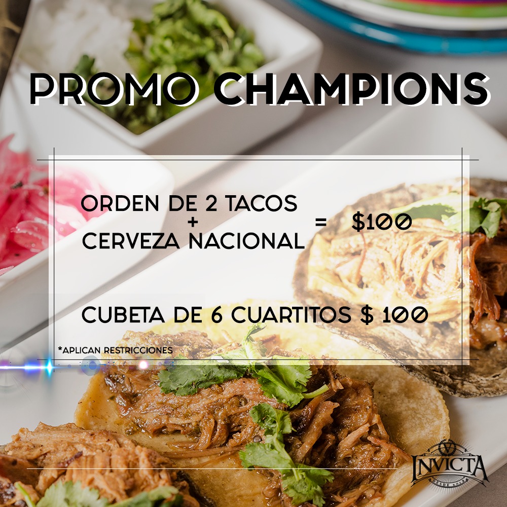 InvictaRest's tweet photo. ¡Llegó el martes de Champions League y con él nuestra promo especial! Disfruta de la mejor combinación: Taquitos + cerveza + Champions
#Champions #PromoChampions #InvictaRest https://t.co/2g5FEHEeNP