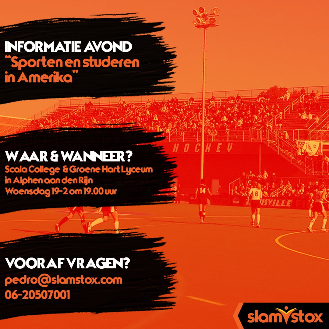 🚨Attention!🚨Morgenavond organiseren we een informatieavond voor iedereen die geïnteresseerd is in sporten en studeren in Amerika 🇺🇸. 

Kom hiervoor naar het Scala College of Groene Hart Lyceum. Ben jij er ook bij 🤩?

📍 Alphen aan den Rijn
🕖 19.00 uur