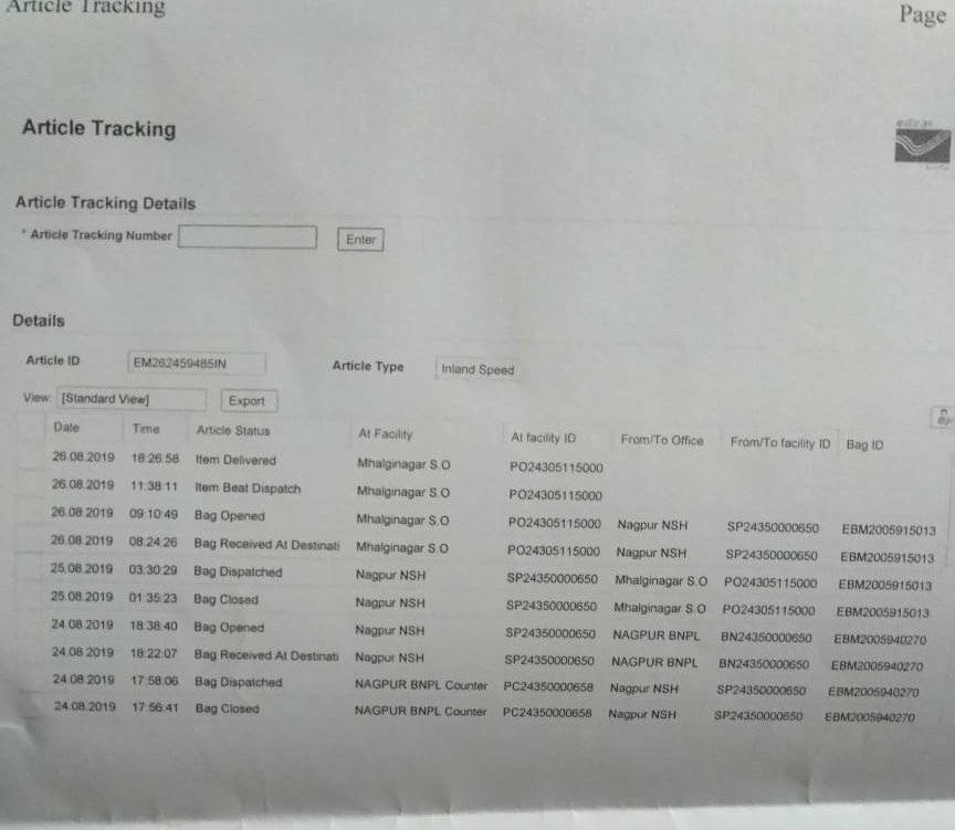 PrajaktaBarai's tweet photo. @IndiaPostOffice It is reached mhalagi nagar post office as per tracking report but not delivered to me. https://t.co/arONo9Fj6v