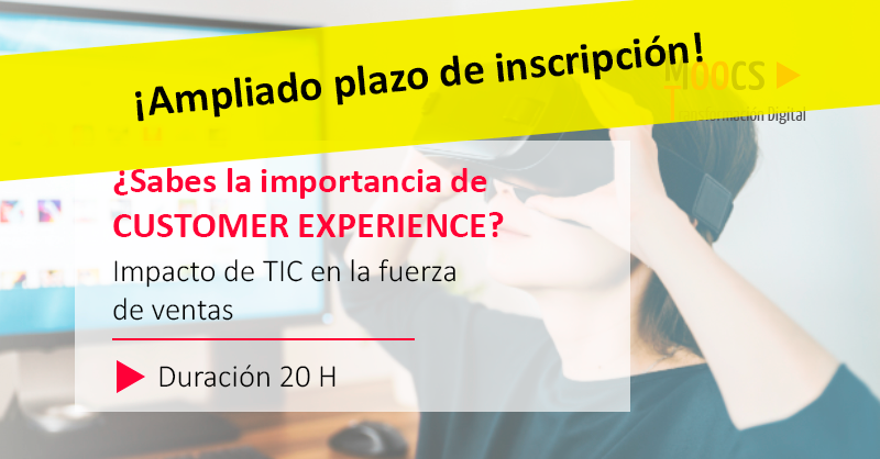 moocs_digital's tweet photo. ¡Aprende sobre la experiencia cliente, con este mooc gratuito de Impacto TIC en la fuerza de ventas -> 20 h. de duración ¡Plazas limitadas! ¡Inscríbete aquí! ➡️ https://t.co/V74arVgeih

#CrearFuturo #FSE #FormacionContinua https://t.co/eMoKDl0tWa