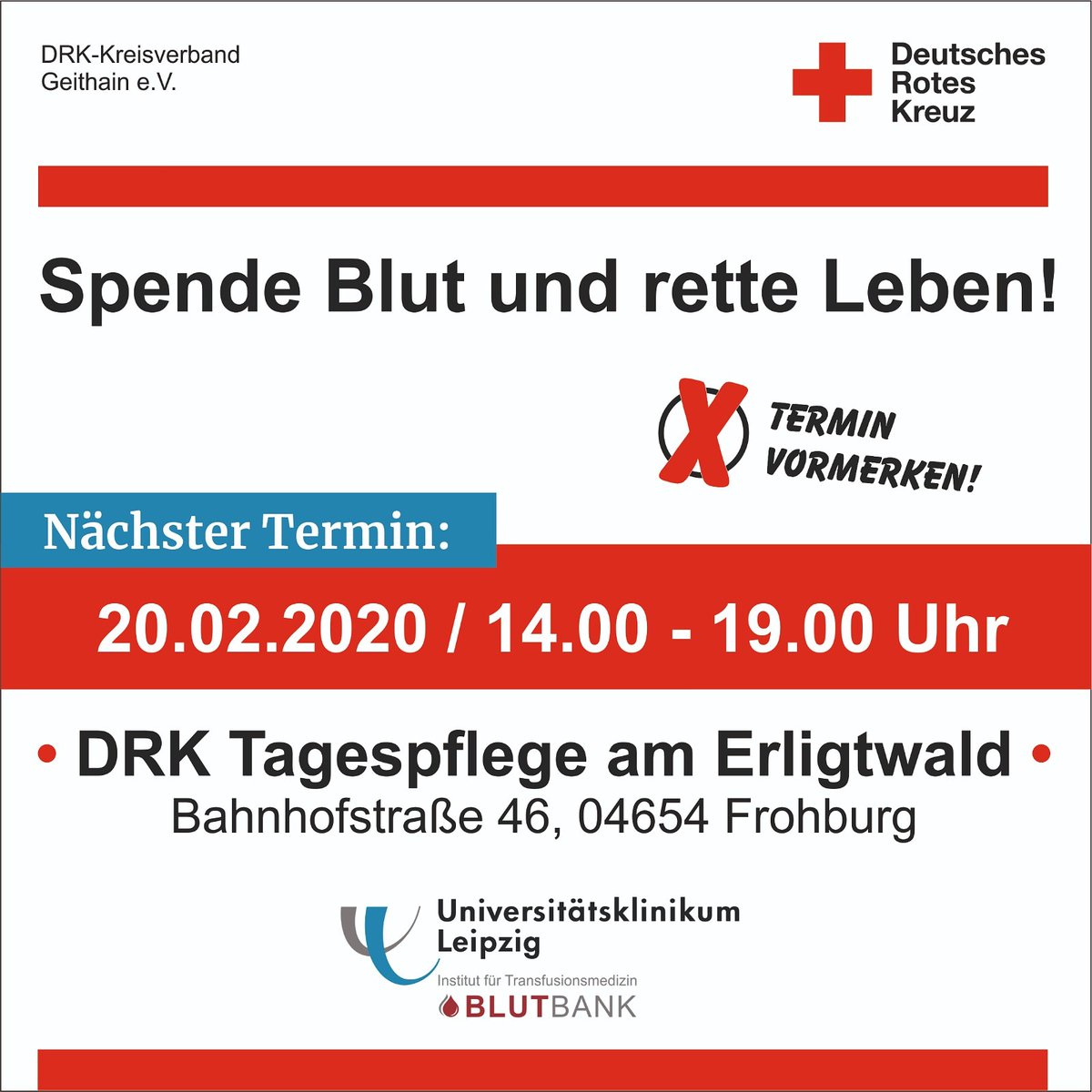 Nächste Möglichkeit zur #Blutspende am 20.02.2020 in der DRK Tagespflege am Erligtwald in #Frohburg. Kommt vorbei und rettet Leben.