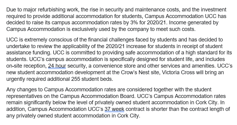 UCCExpress's tweet photo. BREAKING NEWS.

@UCC announce that they will be increasing UCC-owned student accommodation rents by 3% for the academic year 2020/21. This follows similar trends from other universities across the country. The statement from UCC reads: https://t.co/pNJgITr087