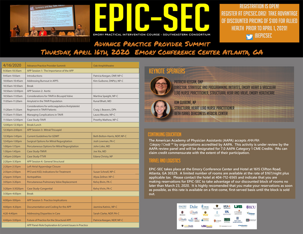 EpicSec's tweet photo. APPs learn about the latest #guidelines and #innovations in interventional #cardiology at #APPSummit at #EPICSEC. Register now! @tricianp @SarahClarke_NP @SchnellSusan @beaverspharmd @habib_samady @KendraGrubb @TanveerRab @drdevireddy @emoryheart
https://t.co/mtvLiMvpLJ https://t.co/oXbl60KDb9
