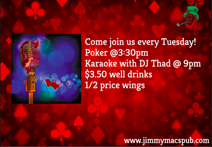 JimmyMacspub1's tweet photo. Come join us every Tuesday!
Poker @3:30pm
Karaoke with DJ Thad @ 9pm
$3.50 well drinks
1/2 price wings
Find out more at: https://t.co/NeH3tWceoa https://t.co/dodCJbRtjR