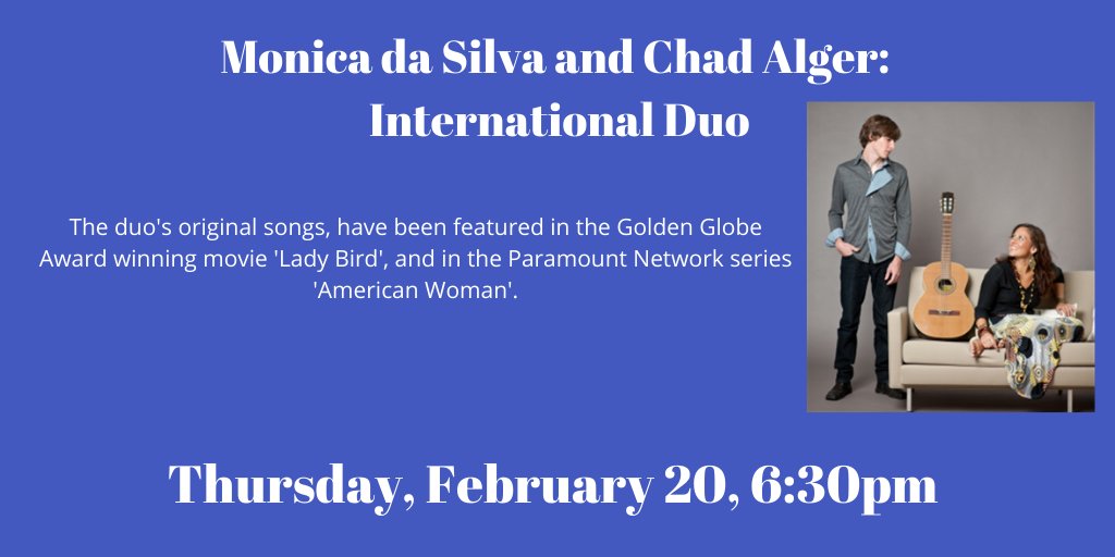shpl's tweet photo. Thursday, Feb 20, 6:30pm
You'll be transported into a wonderland of music as this international duo plays their original songs that have been featured in television and movies. https://t.co/xOi5pjbl06