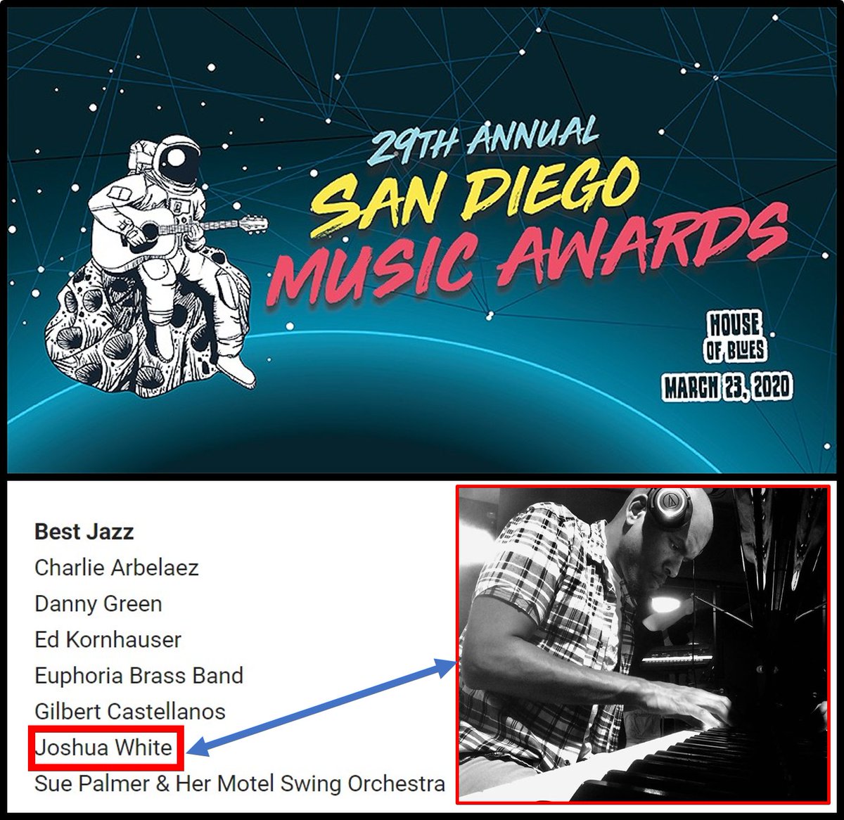 jwNewMusic's tweet photo. 2020 #SDMAs ~ BEST JAZZ ~ GO VOTE!!!
>>> "Online voting for the #SanDiegoMusicAwards is open to the public, and runs through FEB 26 ~ All winners will be announced at the #SDMA ceremony, scheduled for MARCH 23 at 7 pm at #HouseOfBluesSanDiego..."
VOTE: https://t.co/0UiiRVZmlK https://t.co/xxc2G1t9YD