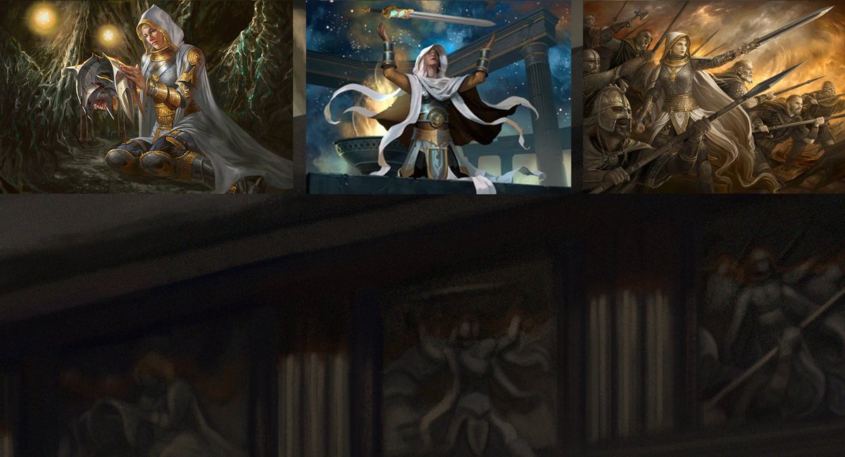 JustynaDuraArt's tweet photo. In yesterday's #Elspeth and #Heliod #fanart I put some easter eggs :D If you look closer at the reliefs of #Theros temple, you can see familiar #mtg cards... :D

#art #illustration #fantasy #painting https://t.co/2zJEa8zQVe