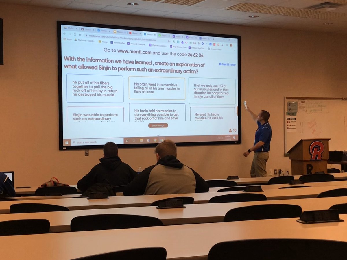 richlandrams's tweet photo. Mr. Duryea is shown in class today teaching a PE lesson on Muscular Endurance and Strength using Mentimeter and Flipgrid. Thanks @E_Sheninger for the great #edtech tips! #schoolsthatwork https://t.co/WhtDrpe6zH