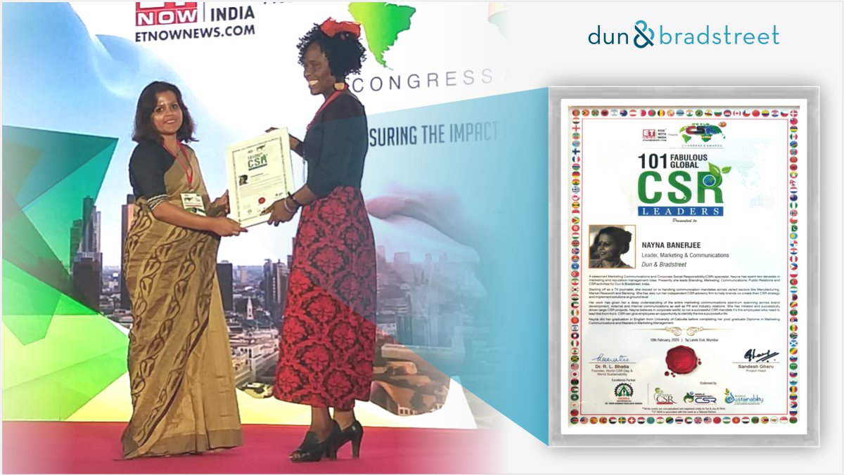 DNB_India's tweet photo. Nayna Banerjee, Leader β Marketing Communications, receives an award at the βWorld CSR Day Congress and Awardsβ
#GrowWithDNB #CSR #Awards #CSRLeader #Leadership #worldcsrday @b_nayna @ETNOWlive https://t.co/z4uiftbjLo