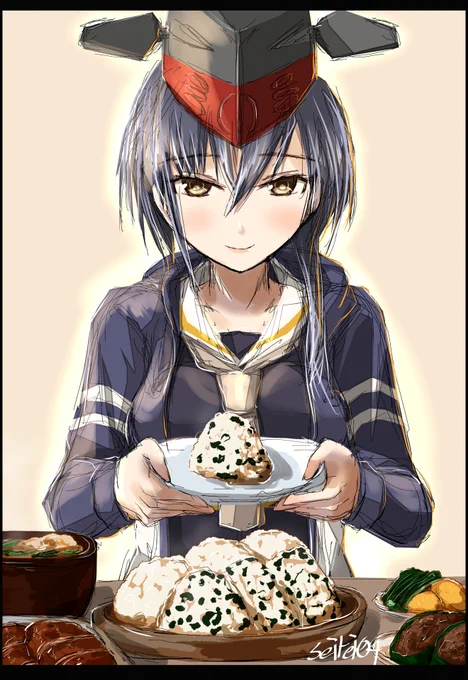 ヒトミちゃんが作ってくれるワカメ御飯のオニギリが好き、味噌汁に卵入れたのも好き。
#艦これ版深夜の真剣お絵描き60分一本勝負 
#艦これ版真剣お絵描き60分一本勝負_20200218 
#伊13 