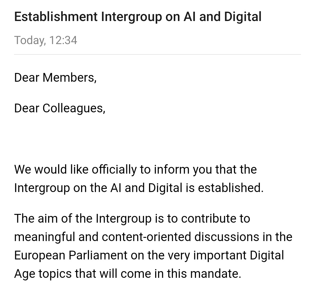 EvaMaydell's tweet photo. The Intergroup on AI &amp; #Digital - established ✔️
#Europe is on the cusp of becoming a technological trendsetter, if we all work together, and have a smart approach towards using #data and advancing #ArtificialIntelligence. 1/2 https://t.co/6EAIT0C7bQ