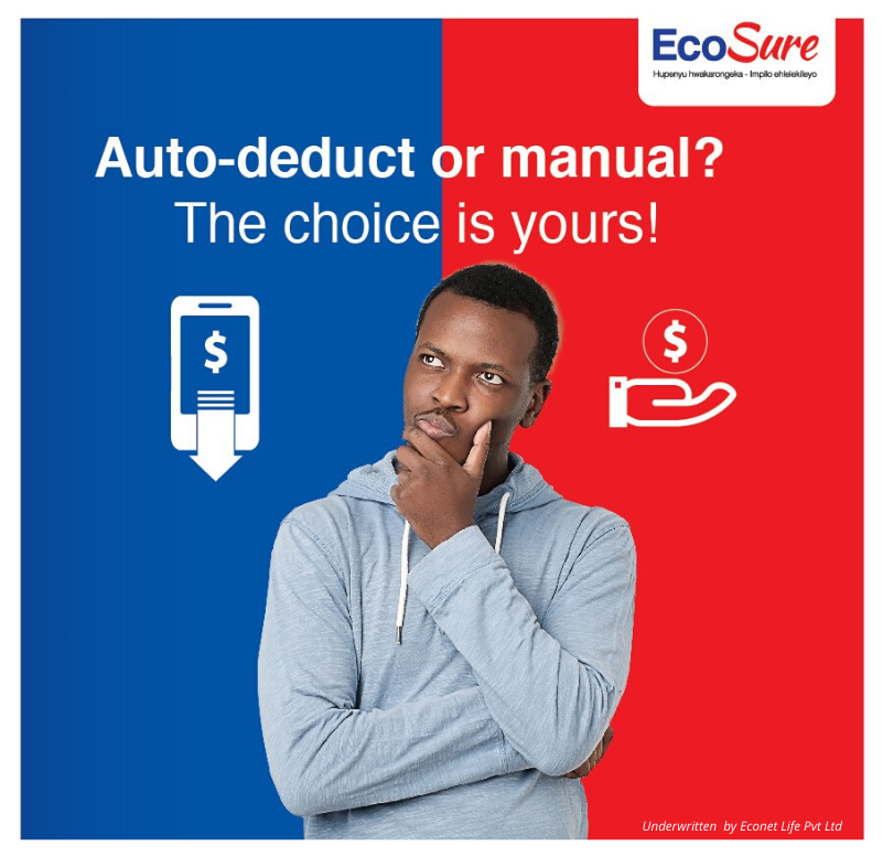 EcoSureZW's tweet photo. You can choose to have your premium payment auto-deducted, that’s if you know you’ll forget or you could do it manually; it’s up to you. What do you prefer? #InsuranceServed https://t.co/d85f2Z0qhv