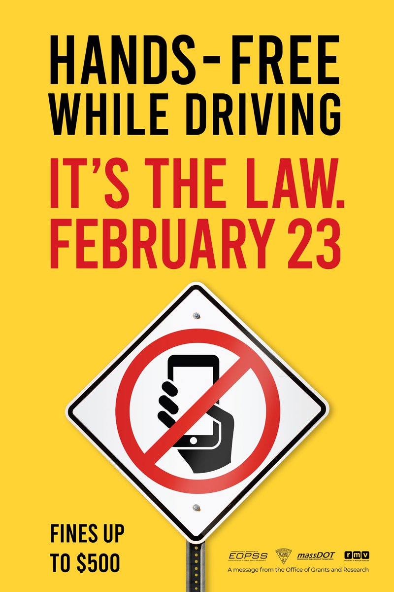 Please remember that the state's Hands-Free law goes into effect Feb. 23. Drivers may not use their phones unless in hands-free mode, even when stopped in traffic or at a light. (And drivers under age 18 cannot use phones in any mode). Read more here: mass.gov/service-detail…