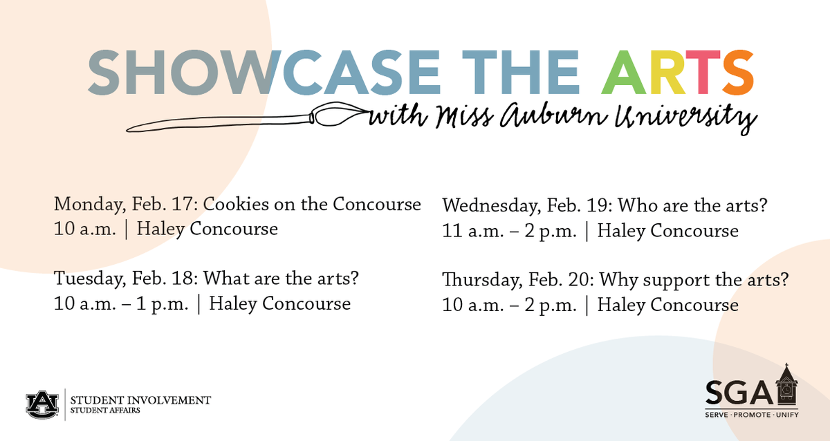 Showcase the Arts with Miss AU continues today!

NOTE: location for today, Feb. 18, moved to inside Student Center because of rain.