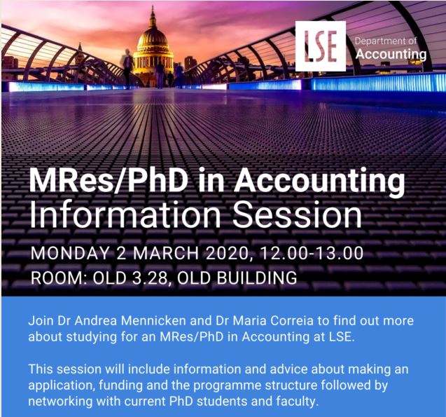 LSE_Accounting's tweet photo. Want to find out more about the LSE MRes/PhD in Accounting? We are holding an information session on Monday 2 March in the Old Building. To attend get in touch with accounting@lse.ac.uk today or find out more  https://t.co/hJ2TT8q2nh #studyatLSE #LSEAccounting @LSEPhD @LSEnews https://t.co/bT5A8c9Fjt
