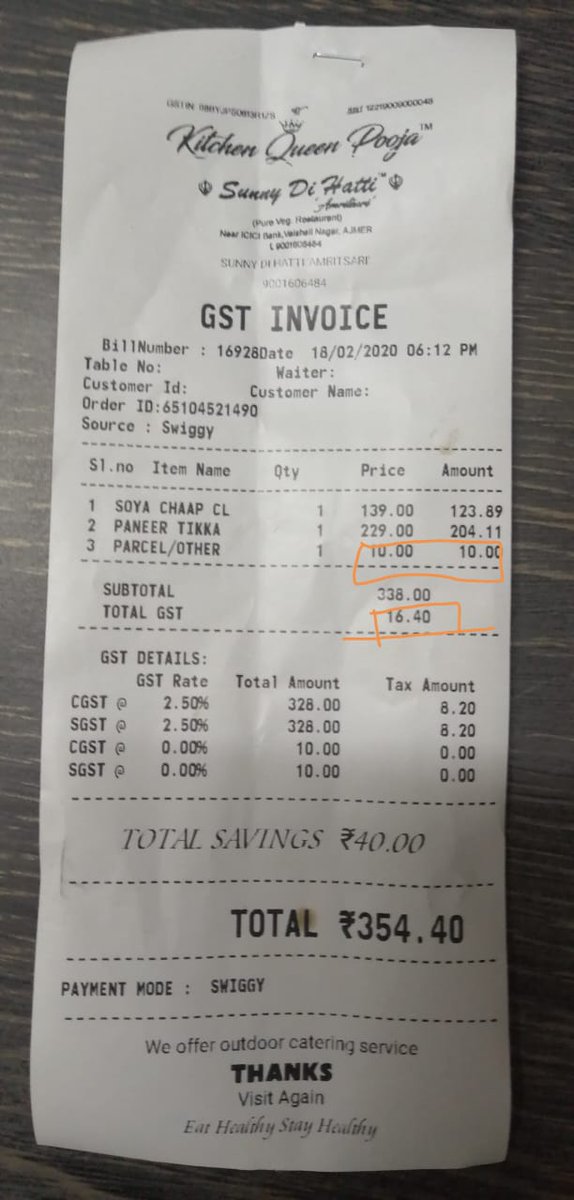 aashishchhabra's tweet photo. @swiggy_in @SwiggyCares @GST_Council Wrong bill from Swiggy, Can you explain this Bill.. GST invoice already includes GST 16.40 and parcel charge 10 rs. Why u r taking again on top of 368rs. #DoubleGST https://t.co/YeOFCA0fh8