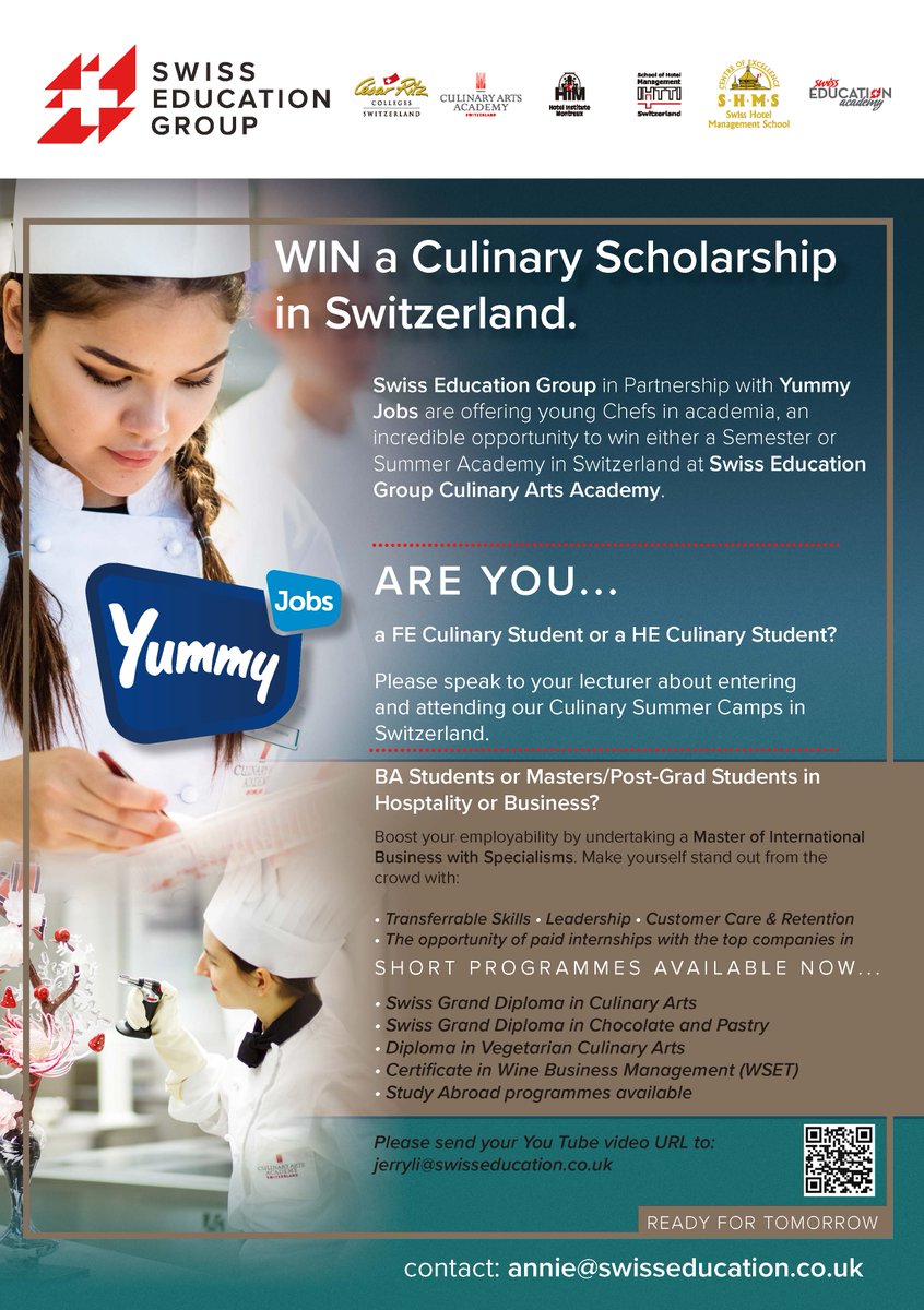 SwissEduUK's tweet photo. Swiss Education Group in Partnership with Yummy
Jobs are offering young Chefs in academia, an
incredible opportunity to win either a Semester or
Summer Academy in Switzerland at Swiss Education
Group Culinary Arts Academy. 
#cheflife #Hospitality #chefing #culinarycompetition https://t.co/24h76e6rST