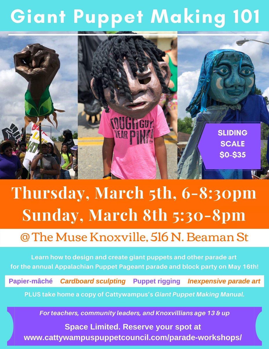 So many art spaces in our community! 

Join our friends Catty Wampus Puppet Council for their Puppet Making workshop! Their parade is coming up soon! Here’s your opportunity to learn to create your own piece to carry!! 

Register today!! 

#carpetbagis50 #carpetbagtheatre