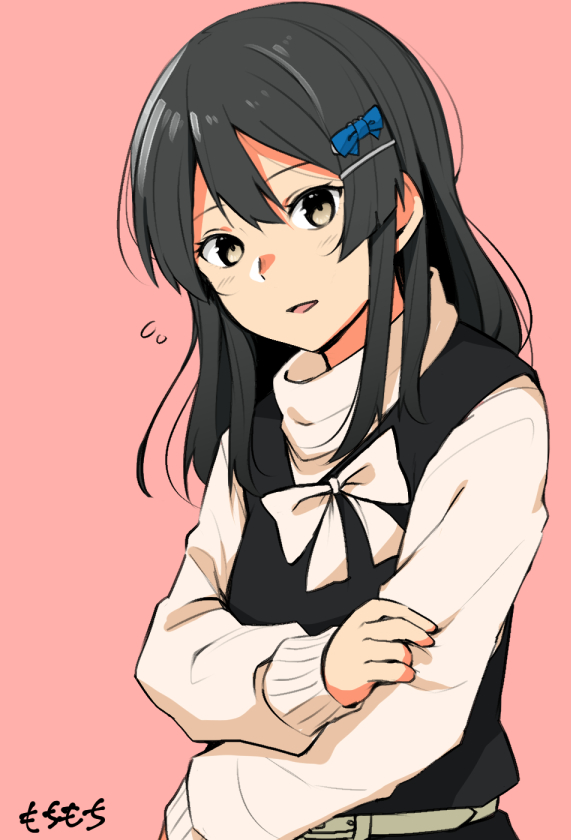 oyashio (kancolle) 1girl solo black hair long hair hairclip hair ornament white sweater  illustration images