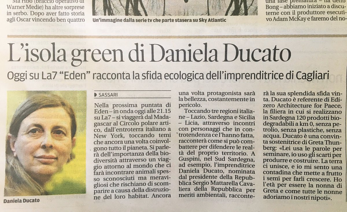 Grande <a href="/danieladucato/">Daniela Ducato</a> ieri su <a href="/La7tv/">La7</a> #eden 
con #edizero prodotti industriali zero petrolio 
perchè i #cambiamenticlimatici si contrastano cambiando modo di produrre e progettare le merci. 
Grazie #DanielaDucato che porti nel #mondo il meglio della nostra #Italia #green #Sardegna