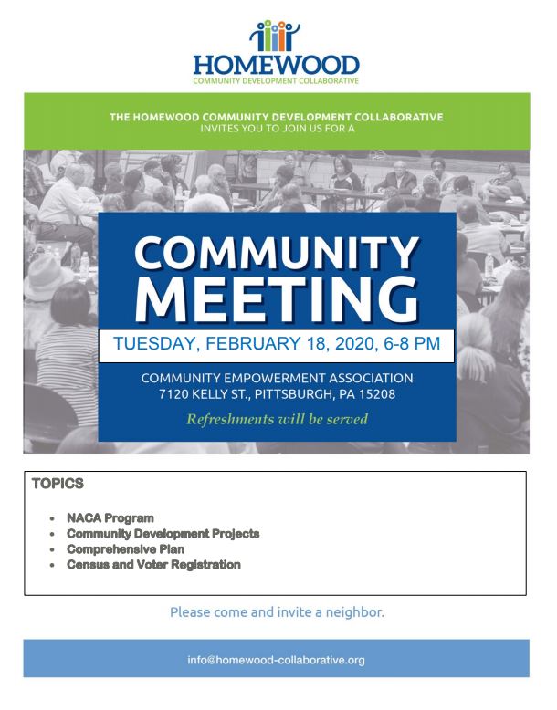 helppgh's tweet photo. Tonight, join the @HomewoodCommun1 for a Community Meeting.
6-8pm
Community Empowerment Association
7120 Kelly Street, Pittsburgh, PA 15208

Important topics will be discussed.

@CEAPittsburghPA @HBYMCA @HomewoodNation @PittCECHomewood #homewood https://t.co/PZcQMHXt80