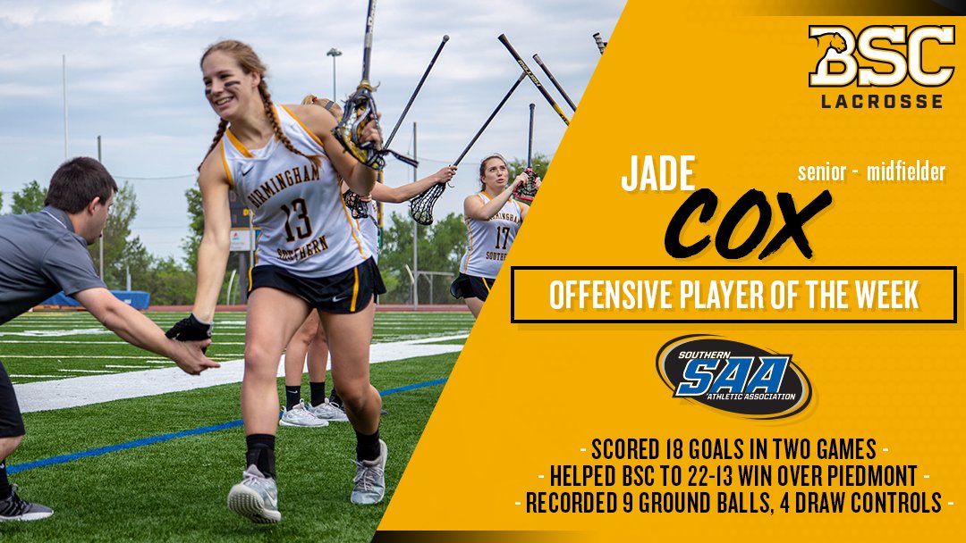 BSCsports's tweet photo. Congrats to @BSCWLacrosse senior Jade Cox, the back-to-back @SAA_Sports Offensive Player of the Week!🥍 https://t.co/p8VuTzemJC #yeahpanthers https://t.co/vCP3FuCXsd