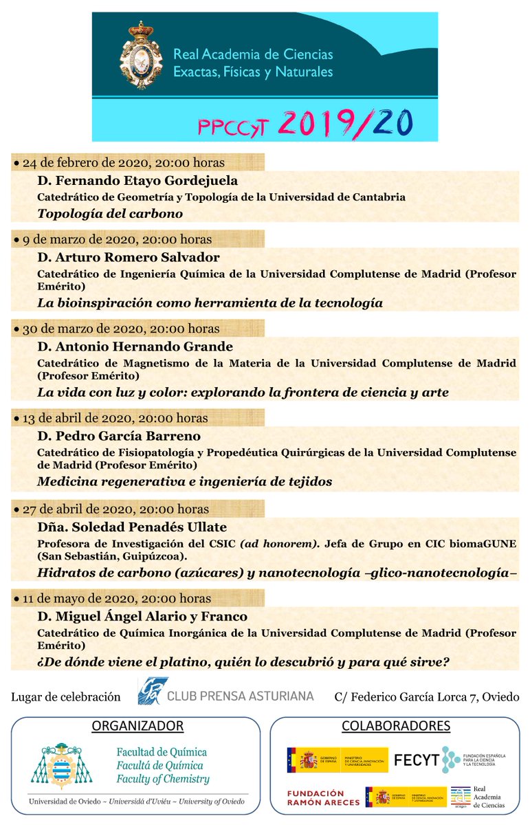 Conferencias del Programa de Promoción de la Cultura Científica y Tecnológica
Organiza: Facultad de Química de <a href="/uniovi_info/">Universidad Oviedo</a> 
Colabora: <a href="/CienciaGob/">Ministerio de Ciencia, Innovación y Universidades</a> <a href="/fecyt/">fecyt</a> Fundación Ramón Areces <a href="/Arac_ciencias/">ARAC</a>
Lugar de celebración: <a href="/ClubprensaLNE/">Club Prensa LNE</a>