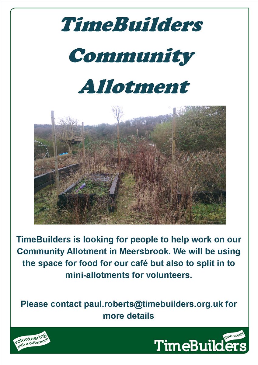 TimeBuilders has an allotment in Meersbrook, and we need your help. If you want to come and learn how to grow or show others then contact paul.roberts@timebuilders.org.uk

#allotment #growyourown #timecredits