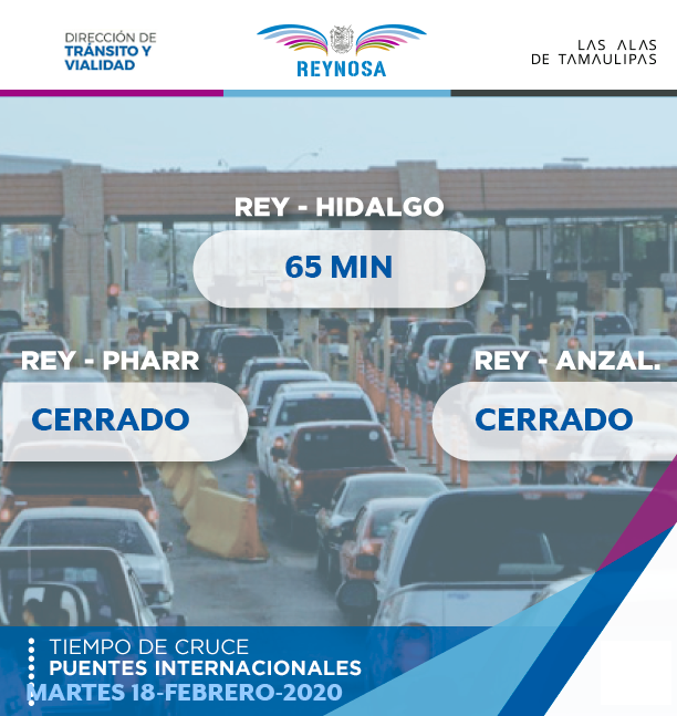 TransitoReynosa's tweet photo. TIEMPOS DE CRUCE EN LOS DIFERENTES PUENTES INTERNACIONALES DE REYNOSA. (08:28 a.m.) https://t.co/jA4MU6AagX