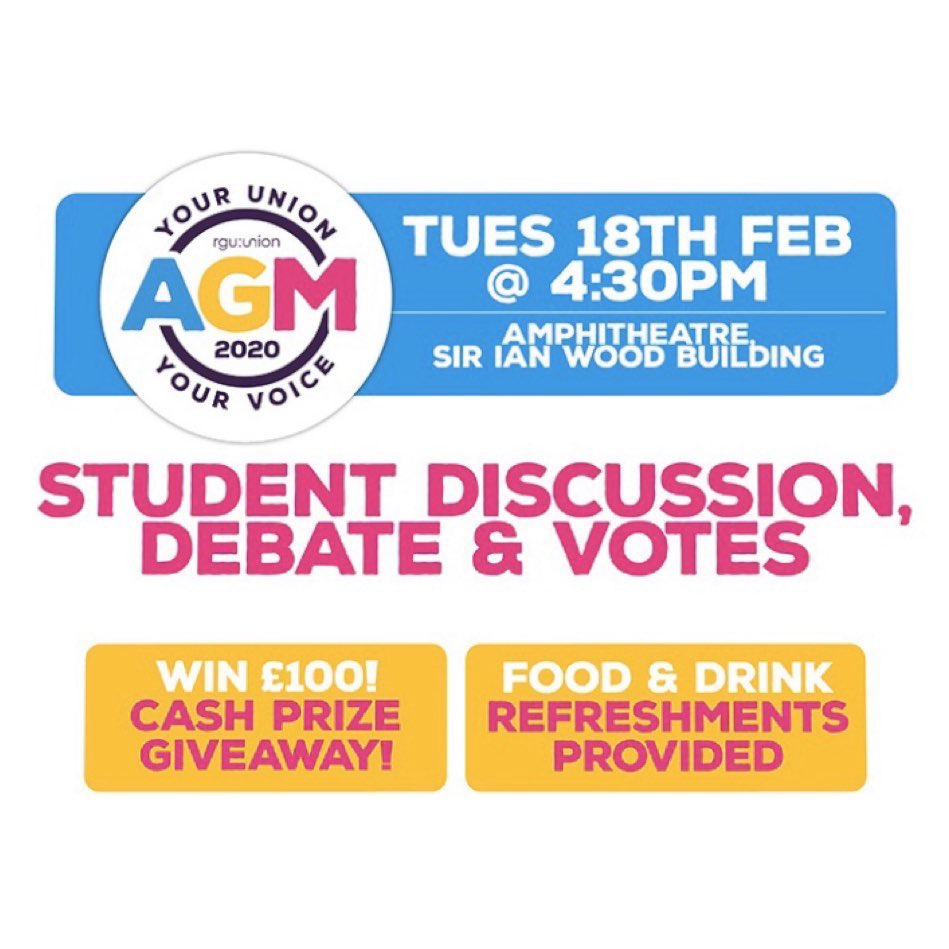 rgu_vpsport's tweet photo. ‼️TODAY @ 4:30pm‼️ Don’t miss @rguunion AGM for your chance to discuss, debate and vote on the motions below! Who can refuse free food and a chat? See you there 👋🏼 https://t.co/LpVljQcXJk