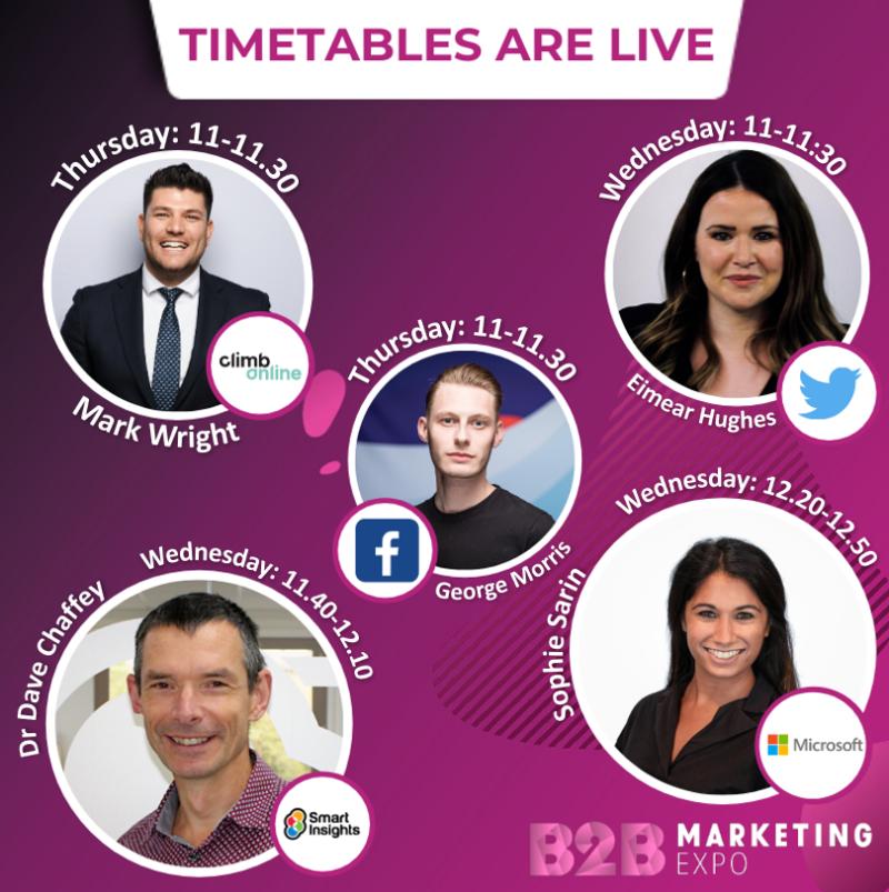 B2BMarketingEX's tweet image. Our Speaker timetables are now LIVE🥳

Head to our website: bit.ly/2tXfkXj make a note of your favourites and start planning your day ahead of the show!

#B2BMarketing20 #MTEX20