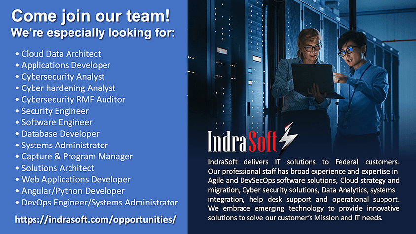 IndraSoft's tweet photo. https://t.co/cX22m7o46Y
Come join our team! 
We have outstanding IT career opportunities today! 
We're looking for:
Cloud Data Architect
Applications Developer
Cybersecurity Analyst
Cyber hardening Analyst
Cybersecurity RMF Auditor
Security Engineer
Angular/Python Developer https://t.co/LF7QYwle16