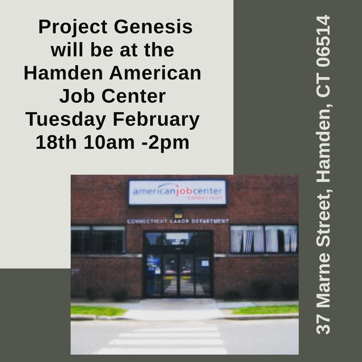 ProjectGenCT's tweet image. 𝐏𝐫𝐨𝐣𝐞𝐜𝐭 𝐆𝐞𝐧𝐞𝐬𝐢𝐬 𝐰𝐢𝐥𝐥 𝐛𝐞 𝐚𝐭 𝐭𝐡𝐞 𝐇𝐚𝐦𝐝𝐞𝐧 𝐀𝐦𝐞𝐫𝐢𝐜𝐚𝐧 𝐉𝐨𝐛  𝐂𝐞𝐧𝐭𝐞𝐫 𝐓𝐨𝐝𝐚𝐲 𝐅𝐞𝐛𝐫𝐮𝐚𝐫𝐲 𝟏𝟖𝐭𝐡 𝐟𝐫𝐨𝐦 𝟏𝟎𝐚𝐦 - 𝟐𝐩𝐦 𝐚𝐭 𝐭𝐡𝐞 𝐇𝐚𝐦𝐝𝐞𝐧 𝐀𝐦𝐞𝐫𝐢𝐜𝐚𝐧 𝐉𝐨𝐛 𝐂𝐞𝐧𝐭𝐞𝐫.please stop by and see us!  #hiring
