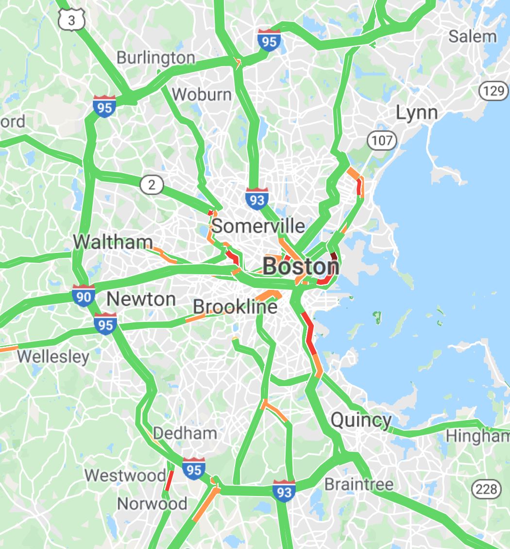 School vacation week = much lighter traffic in Greater Boston. We could have this every day if we used pricing as a tool to consistently nudge 5-10% of vehicles off the road and invested the resulting resources into dramatically enhanced transit + private bus service. #mapoli