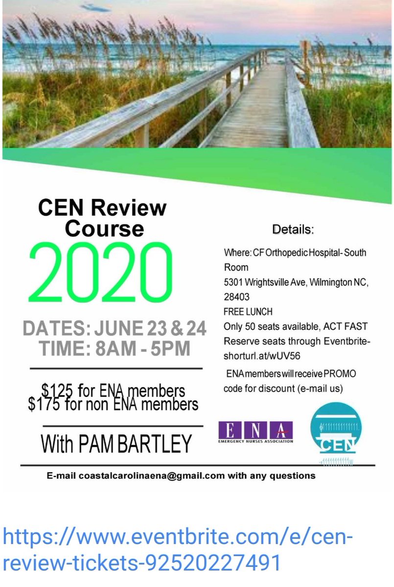 BartleyPam's tweet image. Join me in Wilmington in June for #CEN review at $125 for ENA members. This course will fill up fast,  so register ASAP. Email coastalcarolinaena@gmail.com if you have questions. #certsareaddictive #letsgetcertified