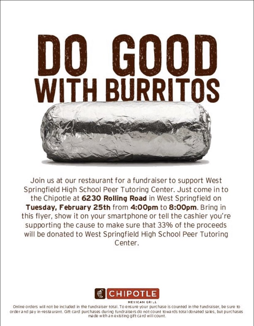 mark your calendars!! support wshs peer tutoring at the chipotle fundraiser next tuesday!! 🌮🌯💵📘✏️