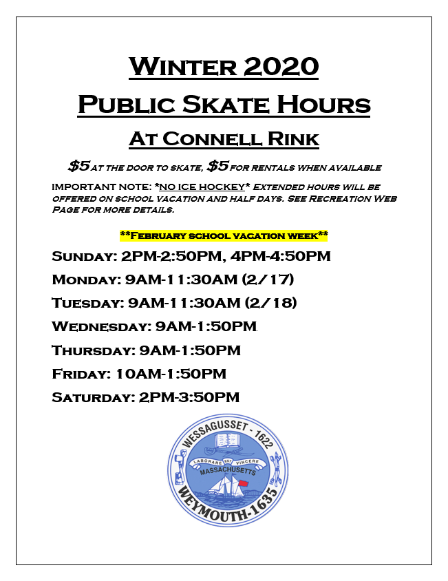 WeyRec's tweet photo. OPEN SKATE FEBRUARY BREAK SCHEDULE AT CONNELL RINK #WeyRec https://t.co/MC5Phnozg8
