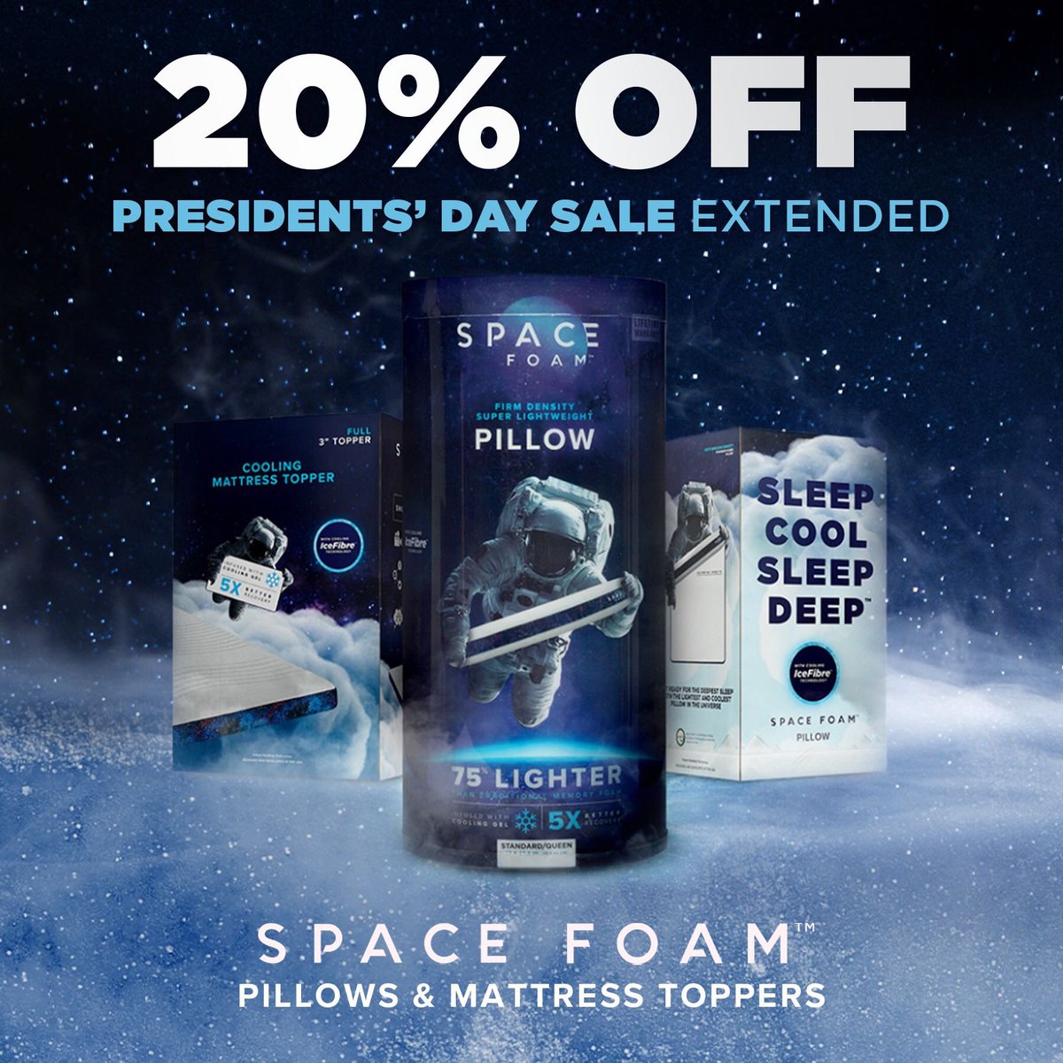 SPACEFOAM's tweet image. Last Chance! Get 20% off our Cooling Pillows and Mattress Toppers if you order by 11:59pm tonight and use code PRESIDENTS. #SpaceFoamSleep #SleepLikeAPro #PresidentsDayPromo #IceFibre #SleepWithYourHead #TopYourBed #SleepCool #PresidentsDaySale2020
#LastChance