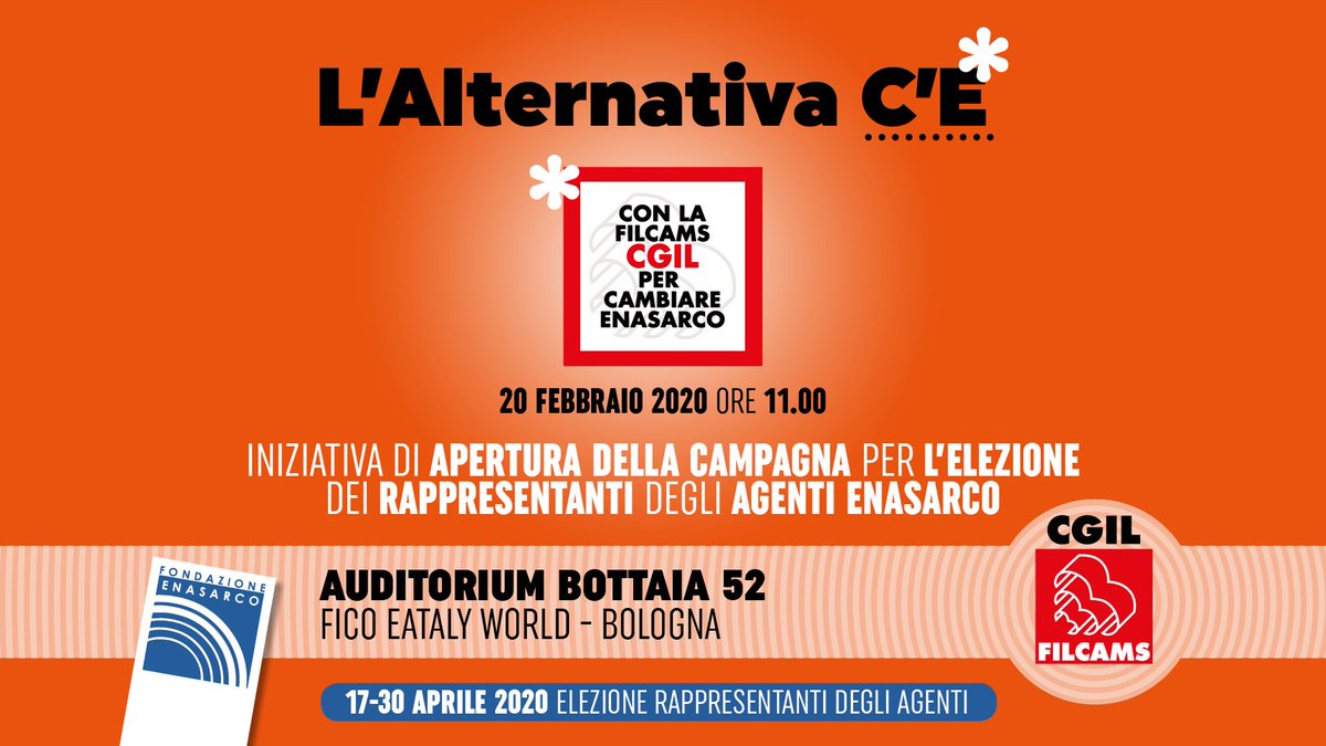 CambiarEnasarco's tweet photo. #elezioniEnasarco
Filcams presenta i propri candidati, il proprio programma. Ci si vede a Fico @eatalyworld giovedì 20 febbraio alle 11. https://t.co/ElBBfD7aIW