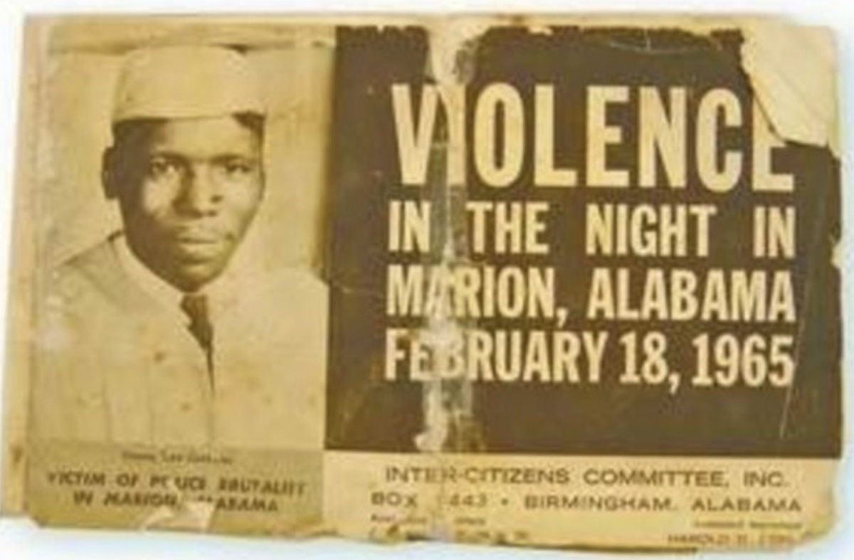 A newspaper clipping shows an image of Jimmie Lee Jackson on the left side and the large words, in all caps, "Violence in the night in Marion, Alabama. February 18, 1965" on the right side.