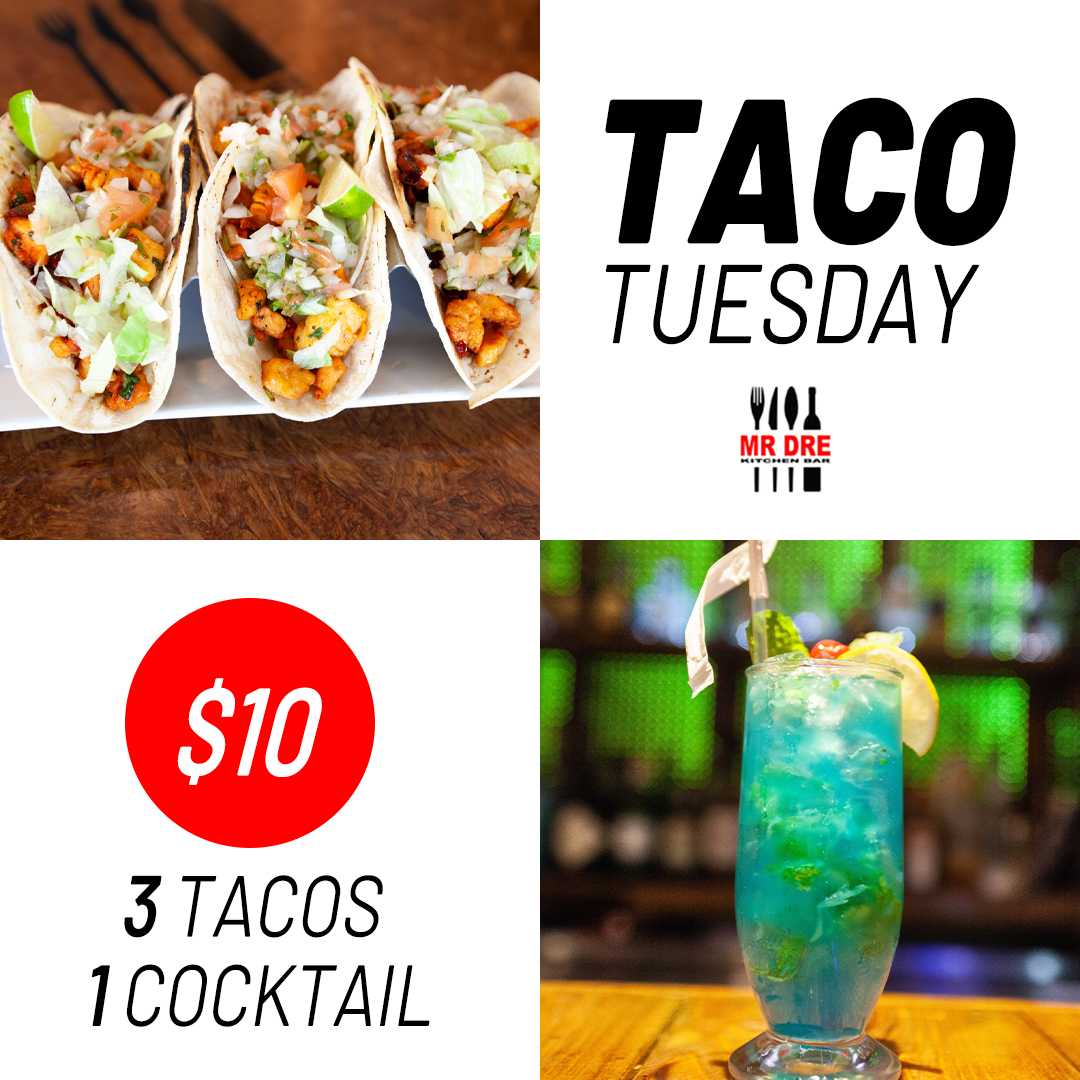 mrdrekitchen's tweet photo. Taco Tuesday just got a whole lot better. Come today and enjoy 3 Tacos and 1 Cocktail for just $10.

Mr Dre kitchen Bar
RSVP: (347) 506-0976 

#mrdre #mrdrekitchen #mrdrekitchenbar #mrdrequeens #mrdreny #MrDrerestaurant #mrdrecollegepoint
#tacotuesday #taco #tacotuesday #queens https://t.co/LmRRmAh4Mr