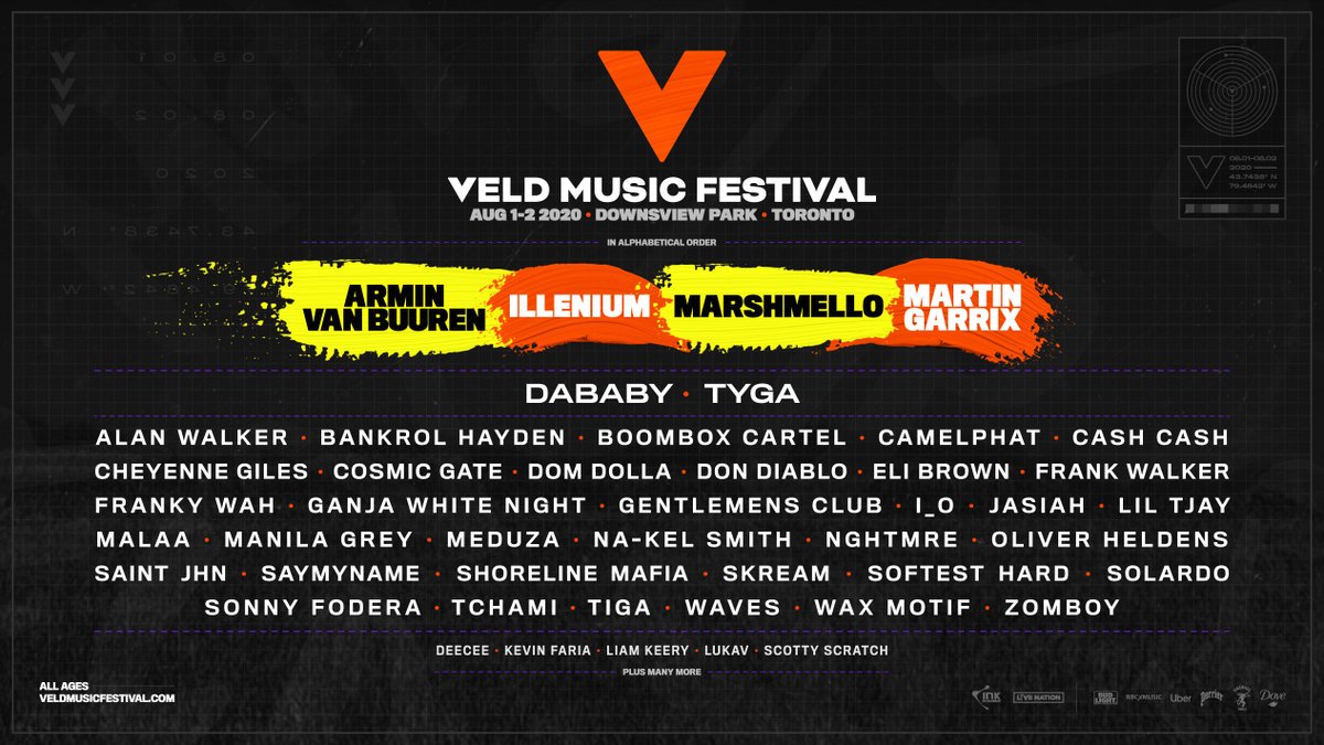Veld Music Festival (@veldfest) on Twitter photo ▽ Phase One of the #Veld2020 Lineup ▽
Featuring <a href="/arminvanbuuren/">Armin van Buuren</a> <a href="/ILLENIUMMUSIC/">ILLENIUMMUSIC</a> <a href="/marshmellomusic/">marshmellomusic</a> <a href="/MartinGarrix/">MARTIN GARRIX</a> + <a href="/DaBabyDaBaby/">DaBaby</a> <a href="/Tyga/">T-Raww</a> & more!
Pre-sale is happening this Thurs Feb 20 at 10AM - Sign up for our newsletter at VeldMusicFestival.com to get first access to tickets ▽ Phase One of the #Veld2020 Lineup ▽
Featuring <a href="/arminvanbuuren/">Armin van Buuren</a> <a href="/ILLENIUMMUSIC/">ILLENIUMMUSIC</a> <a href="/marshmellomusic/">marshmellomusic</a> <a href="/MartinGarrix/">MARTIN GARRIX</a> + <a href="/DaBabyDaBaby/">DaBaby</a> <a href="/Tyga/">T-Raww</a> & more!
Pre-sale is happening this Thurs Feb 20 at 10AM - Sign up for our newsletter at VeldMusicFestival.com to get first access to tickets