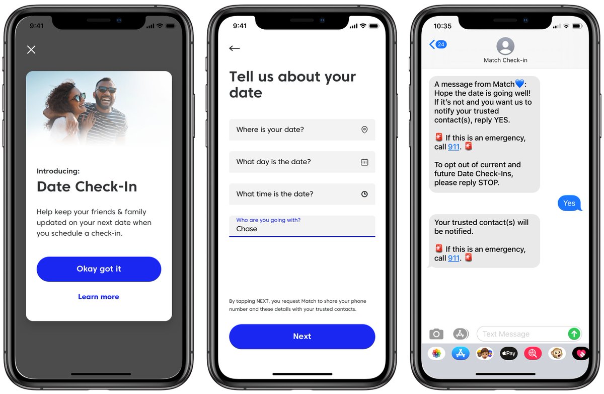 Match's tweet photo. This just in ➡️ DATE CHECK-IN ‼️ with our latest in-app feature, you can keep your friends and family updated on your upcoming date plans 🙏🏻 check out the link below for more info and start using Date Check-In today! https://t.co/304nTW5JTP #datecheckin #datesafety https://t.co/Sq922I6cMP