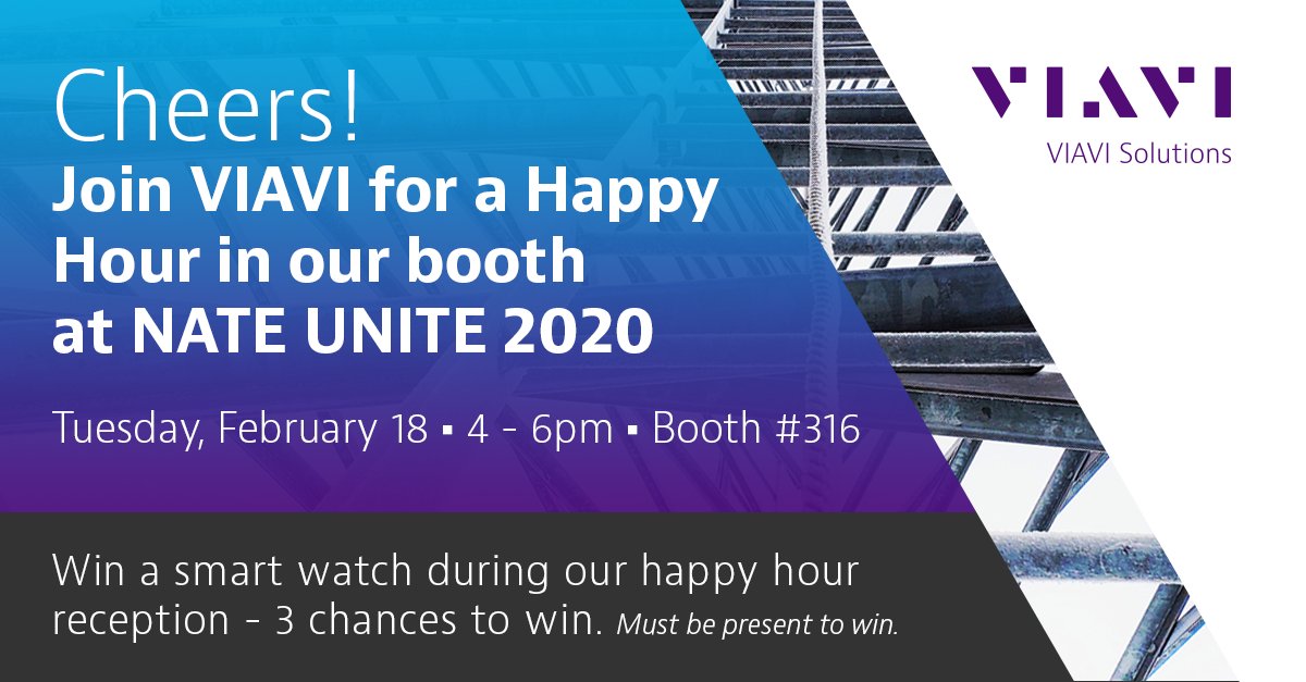 ViaviSolutions's tweet photo. Are you at #NATEUNITE2020? Join us today for a Happy Hour at Booth 316, 4 pm – 6 pm. We look forward to seeing you there! https://t.co/YJLl8QGWPL #CommandThe5GNetwork https://t.co/xwqvvMFetp