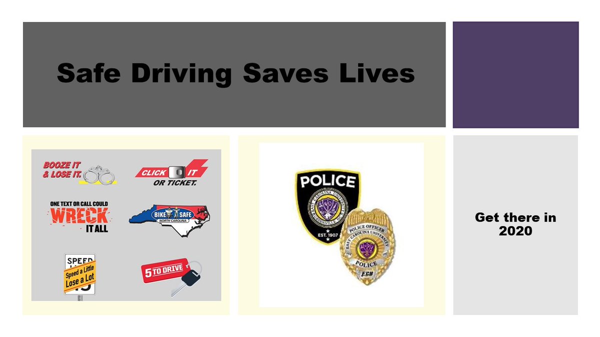 Safe Driving Saves Lives <a href="/EastCarolina/">ECU</a>  We will be working to make roads adjacent to campus safer for pedestrians &amp; motorists. Drive the speed limit, wear your seat belt, don't mix drinking and driving &amp; limit your distractions to save lives. Get there in 2020!