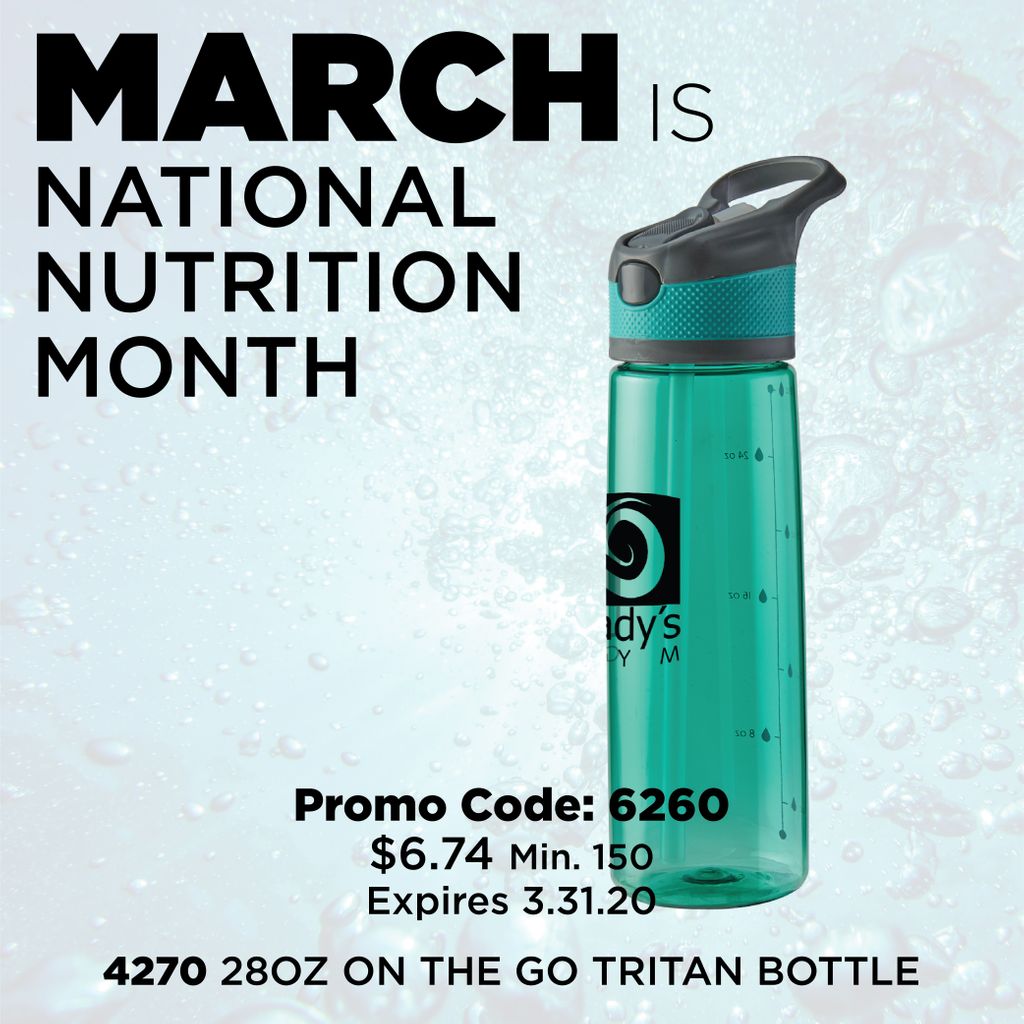 March is National Nutrition Month, and the On The Go Tritan Bottle is the perfect way for gyms, wellness centers and universities to encourage good hydration.
⠀
#evansmfg #DesignMakePromote #promotionalproducts #promoproducts #promotionalmerchandise #marketing #branded #ppai