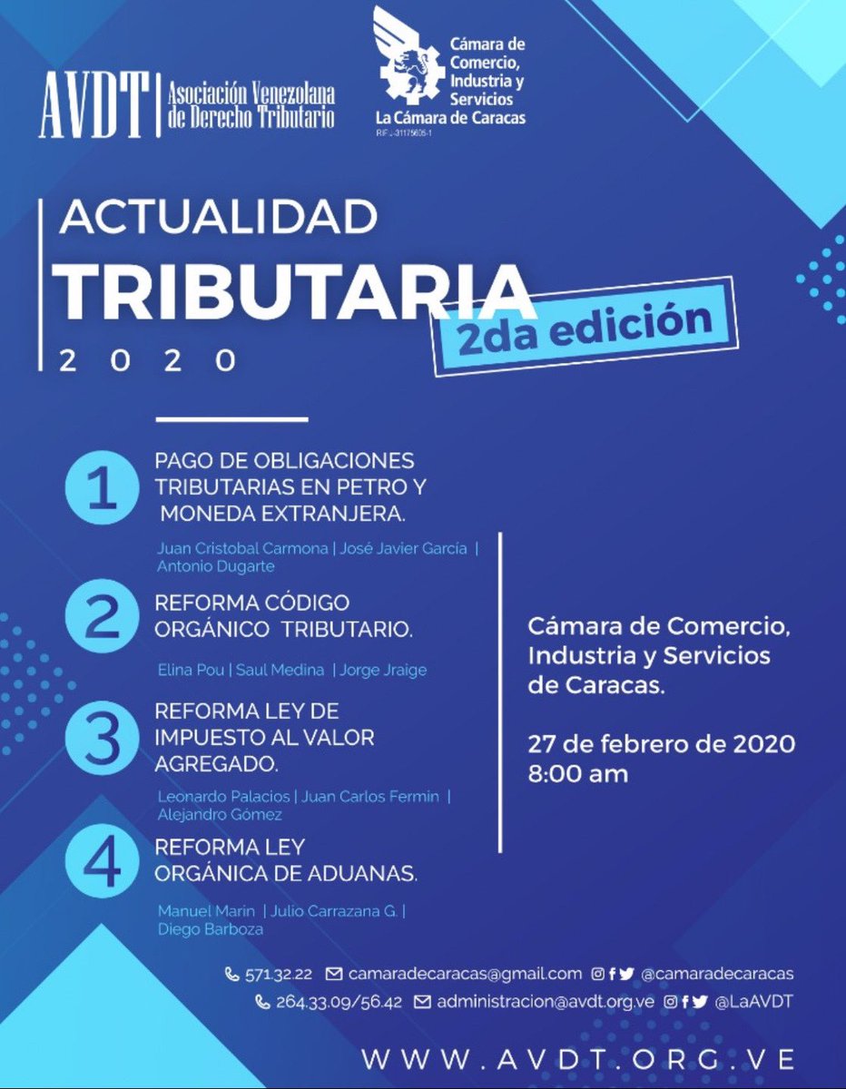 Muy complacidos con el éxito de la primera edición, vamos a llevar a cabo una segunda. No te puedes quedar por fuera esta vez. 

Información e inscripciones en los teléfonos de la AVDT o de la Cámara de Caracas.